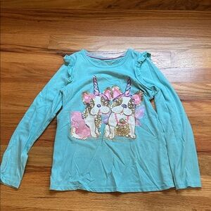 Cynthia Rowley Teal Long Sleeve Tee with dog Unicorn Design
